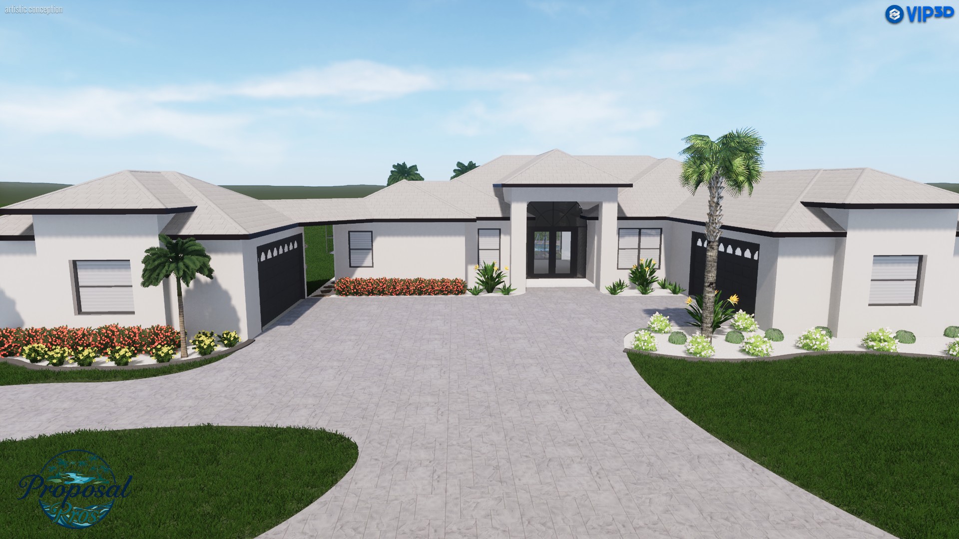 Photorealistic 3D design rendering of a custom pool and outdoor living space